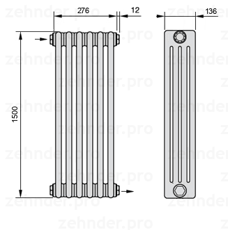 Схема (чертеж) Радиатор Zehnder Charleston 4150/6 №1670 Белый глянцевый RAL 9016